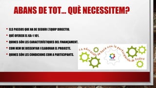 ABANS DE TOT… QUÈ NECESSITEM?
• ELS PASSOS QUE HA DE SEGUIR L’EQUIP DIRECTIU.
• QUÈ OFEREIX EL KA-1 101.
• QUINES SÓN LES CARACTERÍSTIQUES DEL FINANÇAMENT.
• COM HEM DE DISSENYAR I ELABORAR EL PROJECTE.
• QUINES SÓN LES CONDICIONS COM A PARTICIPANTS.
 