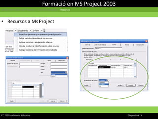 Formació en MS Project 2003Gestió Informàtica de Projectes | Cicle d’un projecte  | RecursosRecursos a Ms ProjectCC 2010 - Adimena Solucions							Diapositiva 15