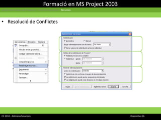 Formació en MS Project 2003Gestió Informàtica de Projectes | Cicle d’un projecte | RecursosResolució de ConflictesCC 2010 - Adimena Solucions							Diapositiva 16
