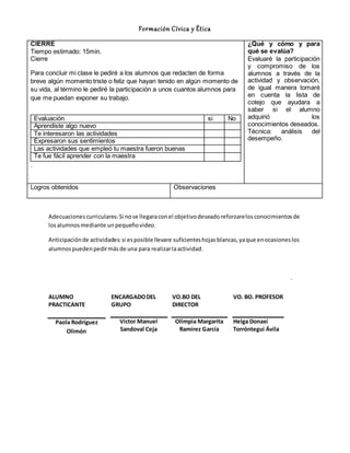 Formación Cívica y Ética 
Para concluir mi clase le pediré a los alumnos que redacten de forma 
breve algún momento triste o feliz que hayan tenido en algún momento de 
su vida, al término le pediré la participación a unos cuantos alumnos para 
que me puedan exponer su trabajo. 
Adecuaciones curriculares: Si no se llegara con el objetivo deseado reforzare los conocimientos de 
los alumnos mediante un pequeño video. 
Anticipación de actividades: si es posible llevare suficientes hojas blancas, ya que en ocasiones los 
alumnos pueden pedir más de una para realizar la actividad. 
. 
CIERRE 
Tiempo estimado: 15min. 
Cierre 
Evaluación si No 
Aprendiste algo nuevo 
Te interesaron las actividades 
Expresaron sus sentimientos 
Las actividades que empleó tu maestra fueron buenas 
Te fue fácil aprender con la maestra 
. 
¿Qué y cómo y para 
qué se evalúa? 
Evaluaré la participación 
y compromiso de los 
alumnos a través de la 
actividad y observación, 
de igual manera tomaré 
en cuenta la lista de 
cotejo que ayudara a 
saber si el alumno 
adquirió los 
conocimientos deseados. 
Técnica: análisis del 
desempeño. 
Logros obtenidos Observaciones 
ALUMNO 
PRACTICANTE 
ENCARGADO DEL 
GRUPO 
VO.BO DEL 
DIRECTOR 
VO. BO. PROFESOR 
Paola Rodríguez 
Olimón 
Víctor Manuel 
Sandoval Ceja 
Olimpia Margarita 
Ramírez García 
Helga Donaxí 
Torróntegui Ávila 
