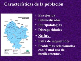Características de la población Envejecida Polimedicados Pluripatologías Discapacidades Solas  Falta de inquietudes Problemas relacionados con el mal uso de medicamentos. 