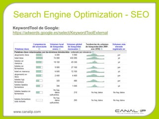 •Search Engine Optimization - SEO
KeywordTool de Google:
https://adwords.google.es/select/KeywordToolExternal




www.canalip.com
 