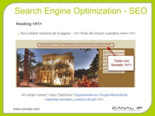 •Search Engine Optimization - SEO
 Heading <H1>

   Para señalar titulares de la página: <h1>Texto del titular o palabra clave</h1>




    <h1>align="center" class="Subtitulo">Especialistas en Cirugia Maxilofacial,
                    implantes dentales y estetica facial</h1>

www.canalip.com
 