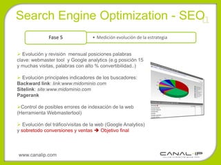 •Search Engine Optimization - SEOu
              Fase 5               • Medición evolución de la estrategia


 Evolución y revisión mensual posiciones palabras
clave: webmaster tool y Google analytics (e.g posición 15
y muchas visitas, palabras con alto % convertibilidad..)

 Evolución principales indicadores de los buscadores:
Backward link: link:www.midominio.com
Sitelink: site:www.midominio.com
Pagerank

Control de posibles errores de indexación de la web
(Herramienta Webmastertool)

 Evolución del tráfico/visitas de la web (Google Analytics)
y sobretodo conversiones y ventas  Objetivo final




 www.canalip.com
 