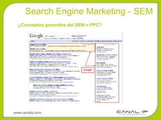 •Search Engine Marketing - SEM
  ¿Conceptos generales del SEM o PPC?




www.canalip.com
 
