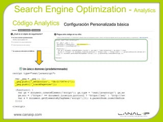 Search Engine Optimization - Analytics
Código Analytics   Configuración Personalizada básica




www.canalip.com
 