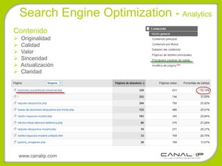 Search Engine Optimization - Analytics
Contenido
   Originalidad
   Calidad
   Valor
   Sinceridad
   Actualización
   Claridad




    www.canalip.com
 