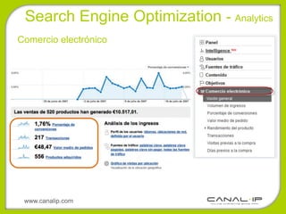 Search Engine Optimization - Analytics
Comercio electrónico




 www.canalip.com
 