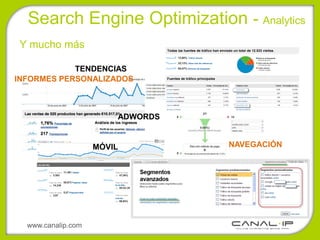 Search Engine Optimization - Analytics
Y mucho más

            TENDENCIAS
INFORMES PERSONALIZADOS



                        ADWORDS


                    MÓVIL         NAVEGACIÓN




  www.canalip.com
 