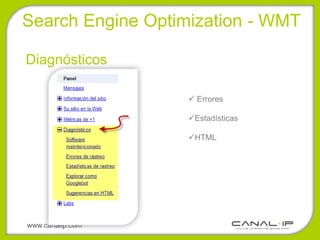 Search Engine Optimization - WMT

Diagnósticos

                    Errores

                   Estadísticas

                   HTML




www.canalip.com
 