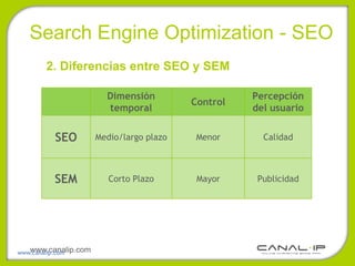 •Search Engine Optimization - SEO
       2. Diferencias entre SEO y SEM

                       Dimensión                   Percepción
                                         Control
                       temporal                    del usuario

          SEO
         SEO         Medio/largo plazo    Menor      Calidad
          SEM


         SEM            Corto Plazo       Mayor     Publicidad




   www.canalip.com
www.canalip.com
 
