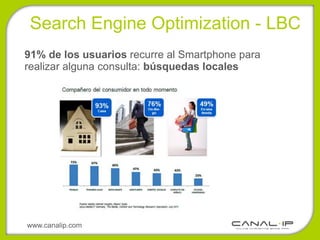 Search Engine Optimization - LBC
91% de los usuarios recurre al Smartphone para
realizar alguna consulta: búsquedas locales




www.canalip.com
 