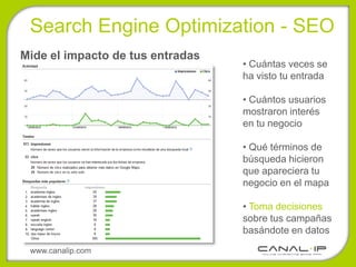 Search Engine Optimization - SEO
Mide el impacto de tus entradas
                                  • Cuántas veces se
                                  ha visto tu entrada

                                  • Cuántos usuarios
                                  mostraron interés
                                  en tu negocio

                                  • Qué términos de
                                  búsqueda hicieron
                                  que apareciera tu
                                  negocio en el mapa

                                  • Toma decisiones
                                  sobre tus campañas
                                  basándote en datos
 www.canalip.com
 