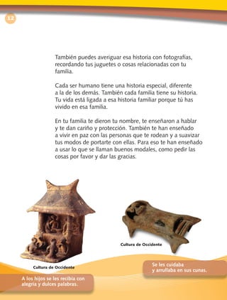 12
También puedes averiguar esa historia con fotografías,
recordando tus juguetes o cosas relacionadas con tu
familia.
Cada ser humano tiene una historia especial, diferente
a la de los demás. También cada familia tiene su historia.
Tu vida está ligada a esa historia familiar porque tú has
vivido en esa familia.
En tu familia te dieron tu nombre, te enseñaron a hablar
y te dan cariño y protección. También te han enseñado
a vivir en paz con las personas que te rodean y a suavizar
tus modos de portarte con ellas. Para eso te han enseñado
a usar lo que se llaman buenos modales, como pedir las
cosas por favor y dar las gracias.
A los hijos se les recibía con
alegría y dulces palabras.
Se les cuidaba
y arrullaba en sus cunas.
Cultura de Occidente
Cultura de Occidente
 