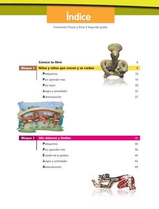 Formación Cívica y Ética • Segundo grado
ndice
Bloque 1
Bloque 2
Í
Conoce tu libro 6
Niñas y niños que crecen y se cuidan 8
Platiquemos 10
Para aprender más 16
Para hacer 20
Juegos y actividades 22
Autoevaluación 27
Mis deberes y límites 28
Platiquemos 30
Para aprender más 36
El poder de la palabra 40
Juegos y actividades 42
Autoevaluación 49
 