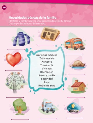 Necesidades básicas de la familia
Identifica y escribe sobre la línea las necesidades de tu familia.
Guíate por las palabras del recuadro.
Servicios médicos
Información
Alimento
Transporte
Vivienda
Recreación
Amor y cariño
Seguridad
Ropa
Ambiente sano
46
 