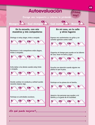 Distingo si estoy alegre, triste o enojado.
S CS CN N
Reconozco si mis compañeros están alegres,
tristes o enojados.
S CS CN N
Evito dañar a los demás cuando estoy triste
o enojado.
S CS CN N
Decido cambiar mi conducta y actitud cuando
necesito mejorar algo.
S CS CN N
Participo en actividades escolares.
S CS CN N
Expreso mis sentimientos sin gritar y sin
cometer agresión contra nadie.
S CS CN N
Organizo mi tiempo para ayudar en las labores
de casa, hacer mi tarea y jugar.
S CS CN N
Escucho con atención cuando alguien me
platica lo que le pasa.
S CS CN N
Participo en los planes de mi familia.
S CS CN N
Aprecio a las personas que ayudan a mi
familia y a la gente de mi localidad.
S CS CN N
S CS CN N
Siempre Casi siempre Casi nunca Nunca
Escoge una respuesta y colorea la pirámide
En mi casa, en la calle
y otros lugares
En la escuela, con mis
maestros y mis compañeros
Autoevaluación
¿En qué puedo mejorar?
¿Cómo
voy?
49
 