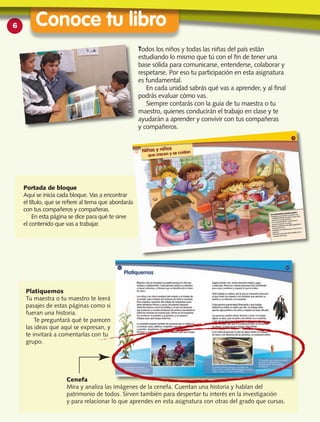 Portada de bloque
Aquí se inicia cada bloque. Vas a encontrar
el título, que se reﬁere al tema que abordarás
con tus compañeros y compañeras.
En esta página se dice para qué te sirve
el contenido que vas a trabajar.
Todos los niños y todas las niñas del país están
estudiando lo mismo que tú con el fin de tener una
base sólida para comunicarse, entenderse, colaborar y
respetarse. Por eso tu participación en esta asignatura
es fundamental.
En cada unidad sabrás qué vas a aprender, y al final
podrás evaluar cómo vas.
Siempre contarás con la guía de tu maestra o tu
maestro, quienes conducirán el trabajo en clase y te
ayudarán a aprender y convivir con tus compañeras
y compañeros.
Platiquemos
Tu maestra o tu maestro te leerá
pasajes de estas páginas como si
fueran una historia.
Te preguntará qué te parecen
las ideas que aquí se expresan, y
te invitará a comentarlas con tu
grupo.
Cenefa
Mira y analiza las imágenes de la cenefa. Cuentan una historia y hablan del
patrimonio de todos. Sirven también para despertar tu interés en la investigación
y para relacionar lo que aprendes en esta asignatura con otras del grado que cursas.
6 Conoce tu libro
 