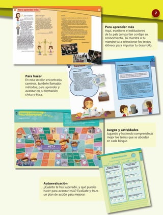 Autoevaluación
¿Cuánto te has superado, y qué puedes
hacer para avanzar más? Evalúate y traza
un plan de acción para mejorar.
Juegos y actividades
Jugando y haciendo comprenderás
mejor los temas que se abordan
en cada bloque.
Para hacer
En esta sección encontrarás
caminos, también llamados
métodos, para aprender y
avanzar en tu formación
cívica y ética.
7
Para aprender más
Aquí, escritores e instituciones
de tu país comparten contigo su
conocimiento. Tu maestra o tu
maestro va a seleccionar los textos
idóneos para impulsar tu desarrollo.
 