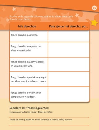 Completa las frases siguientes:
Es justo que todos los niños y todas las niñas:
Todas las niñas y todos los niños tenemos el mismo valor, por eso:
Escribe en la segunda columna cuál es tu deber ante cada
derecho que tienes.
Tengo derecho a alimento.
Tengo derecho a expresar mis
ideas y necesidades.
Tengo derecho a jugar y a crecer
en un ambiente sano.
Tengo derecho a participar y a que
mis ideas sean tomadas en cuenta.
Tengo derecho a recibir amor,
comprensión y cuidado.
	 Mis derechos	 Para ejercer mi derecho, yo...
85
 