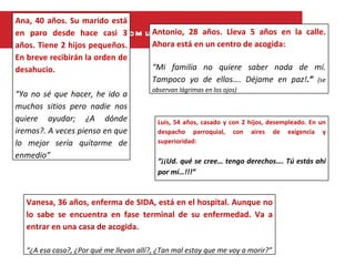 Ana, 40 años. Su marido está
en paro desdeu ía p ara C om
             G hace casi 3            u nicación Inte rpLlevaonal
                                        Antonio, 28 años. e rs 5 años     en la calle.
años. Tiene 2 hijos pequeños.           Ahora está en un centro de acogida:
En breve recibirán la orden de
desahucio.                              “Mi familia no quiere saber nada de mí.
                                        Tampoco yo de ellos…. Déjame en paz!.” (se
                                        observan lágrimas en los ojos)
“Ya no sé que hacer, he ido a
muchos sitios pero nadie nos
quiere ayudar; ¿A dónde                   Luis, 54 años, casado y con 2 hijos, desempleado. En un
iremos?. A veces pienso en que            despacho parroquial, con aires de exigencia y
lo mejor sería quitarme de                superioridad:

enmedio”
                                          “¡¡Ud. qué se cree… tengo derechos…. Tú estás ahí
                                          por mí…!!!”


  Vanesa, 36 años, enferma de SIDA, está en el hospital. Aunque no
  lo sabe se encuentra en fase terminal de su enfermedad. Va a
  entrar en una casa de acogida.

  “¿A esa casa?, ¿Por qué me llevan allí?, ¿Tan mal estoy que me voy a morir?”
 