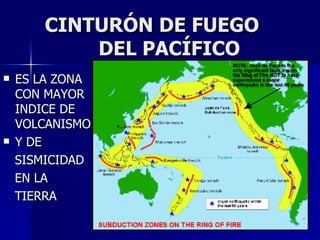CINTURÓN DE FUEGO  DEL PACÍFICO ES LA ZONA CON MAYOR INDICE DE VOLCANISMO. Y DE  SISMICIDAD EN LA TIERRA 