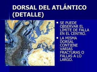DORSAL DEL ATLÁNTICO (DETALLE) SE PUEDE OBSERVAR EL LÍMITE DE FALLA EN EL CENTRO. LA MISMA DORSAL CONTIENE VARIAS FRACTURAS O FALLAS A LO LARGO. 