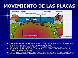 MOVIMIENTO DE LAS PLACAS LAS PLACAS SE MUEVEN HACIA LOS COSTADOS POR LA PRESIÓN EJERCIDA EN LAS ZONAS DE CONVECCIÓN. SE NOTA LA RELACIÓN CON LA ACTIVIDAD VOLCÁNICA EN LA ZONA DE SUBDUCCIÓN LA CORTEZA OCEÁNICA DE EXPANDE (SE GENERA SUELO NUEVO) 