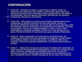 CONTINUACIÓN Grado VII  Advertido por todos. La gente huye al exterior. Daños sin importancia en edificios de buen diseño y construcción. Daños ligeros en estructuras ordinarias bien construidas; daños considerables en las débiles o mal planeadas; rotura de algunas chimeneas. Estimado por las personas conduciendo vehículos en movimiento. Grado VIII  Daños ligeros en estructuras de diseño especialmente bueno; considerable en edificios ordinarios con derrumbe parcial; grande en estructuras débilmente construidas. Los muros salen de sus armaduras. Caída de chimeneas, pilas de productos en los almacenes de las fábricas, columnas, monumentos y muros. Los muebles pesados se vuelcan. Arena y lodo proyectados en pequeñas cantidades. Cambio en el nivel del agua de los pozos. Pérdida de control en la personas que guían vehículos motorizados. Grado IX  Daño considerable en las estructuras de diseño bueno; las armaduras de las estructuras bien planeadas se desploman; grandes daños en los edificios sólidos, con derrumbe parcial. Los edificios salen de sus cimientos. El terreno se agrieta notablemente. Las tuberías subterráneas se rompen. Grado X  Destrucción de algunas estructuras de madera bien construidas; la mayor parte de las estructuras de mampostería y armaduras se destruyen con todo y cimientos; agrietamiento considerable del terreno. Las vías del ferrocarril se tuercen. Considerables deslizamientos en las márgenes de los ríos y pendientes fuertes. Invasión del agua de los ríos sobre sus márgenes. 