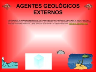 AGENTES GEOLÓGICOS
EXTERNOS
 LOS MOVIMIENTOS DE LAS MASAS DE AIRE PROVOCAN EFECTOS METEOROLÓGICOS O ATMOSFÉRICOS COMO EL AGUA, EL VIENTO, EL HIELO, ETC…,LOS MOVIMIENTOS DE LAS MASAS DE AIRE PROVOCAN EFECTOS METEOROLÓGICOS O ATMOSFÉRICOS COMO EL AGUA, EL VIENTO, EL HIELO, ETC…,
QUE SON LOS PRINCIPALES AGENTES GEOLÓGICOS EXTERNOS, QUE PARTICIPAN JUNTO CON LOS AGENTES GEOLÓGICOS INTERNOS (TERREMOTOS,QUE SON LOS PRINCIPALES AGENTES GEOLÓGICOS EXTERNOS, QUE PARTICIPAN JUNTO CON LOS AGENTES GEOLÓGICOS INTERNOS (TERREMOTOS,
VOLCANES, MOVIMIENTOS TECTÓNICOS,…) EN EL MODELADO DE LAS ROCAS, O LO QUE CONOCEMOS COMOVOLCANES, MOVIMIENTOS TECTÓNICOS,…) EN EL MODELADO DE LAS ROCAS, O LO QUE CONOCEMOS COMO RELIEVE TERRESTRERELIEVE TERRESTRE..
 