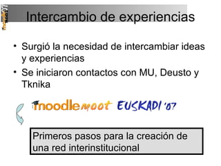 Intercambio de experiencias Surgió la necesidad de intercambiar ideas y experiencias Se iniciaron contactos con MU, Deusto y Tknika Primeros pasos para la creación de una red interinstitucional 