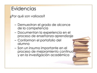 ¿Por qué son valiosas? Demuestran el grado de alcance de la competencia Documentan la experiencia en el proceso de enseñanza aprendizaje Conforman el portafolio del alumno Son un insumo importante en el proceso de mejoramiento continuo y en la investigación académica Evidencias 
