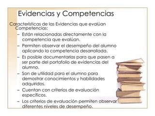 Características de las Evidencias que evalúan Competencias: Están relacionadas directamente con la competencia que evalúan. Permiten observar el desempeño del alumno aplicando la competencia desarrollada. Es posible documentarlas para que pasen a ser parte del portafolio de evidencias del alumno. Son de utilidad para el alumno para demostrar conocimientos y habilidades adquiridos. Cuentan con criterios de evaluación específicos. Los criterios de evaluación permiten observar diferentes niveles de desempeño. Evidencias y Competencias 