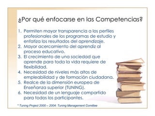 ¿Por qué enfocarse en las Competencias? Permiten mayor transparencia a los perfiles profesionales de los programas de estudio y enfatiza los resultados del aprendizaje. Mayor acercamiento del aprendiz al proceso educativo. El crecimiento de una sociedad que aprende para toda la vida requiere de flexibilidad. Necesidad de niveles más altos de empleabilidad y de formación ciudadana. Realce de la dimensión europea de Enseñanza superior (TUNING). Necesidad de un lenguaje compartido para todos los participantes. * Tuning Project 2000 – 2004: Tuning Management Comittee 