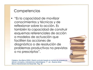 Competencias “ Es la capacidad de movilizar conocimientos y técnicas y de reflexionar sobre la acción. Es también la capacidad de construir esquemas referenciales de acción o modelos de actuación que faciliten las acciones de diagnóstico o de resolución de problemas productivos no previstos o no prescriptos”. Catalano, Ana María (2004).  Diseño curricular basado en normas de competencia laboral: conceptos y orientaciones metodológicas.  1º . ed. - Buenos Aires:  Banco Interamericano de Desarrollo. Pag. 39 