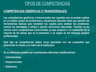 TIPOS DE COMPETENCIAS COMPETENCIAS GENÉRICAS O TRANSVERSALES: Las competencias genéricas o transversales son aquellas que ...