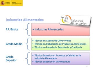 F.P. Básica • Industrias Alimentarias
Grado Medio
• Técnico en Aceites de Oliva y Vinos
• Técnico en Elaboración de Productos Alimenticios
• Técnico en Panadería, Repostería y Confitería
Grado
Superior
• Técnico Superior en Procesos y Calidad en la
Industria Alimentaria
• Técnico Superior en Vitivinicultura
18
 