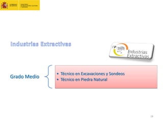 Grado Medio
• Técnico en Excavaciones y Sondeos
• Técnico en Piedra Natural
19
 