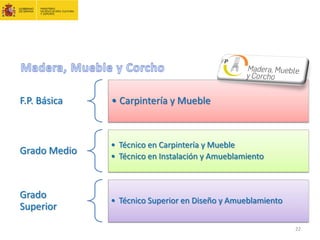 F.P. Básica • Carpintería y Mueble
Grado Medio
• Técnico en Carpintería y Mueble
• Técnico en Instalación y Amueblamiento
Grado
Superior
• Técnico Superior en Diseño y Amueblamiento
22
 