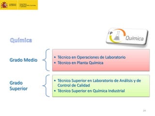 Grado Medio
• Técnico en Operaciones de Laboratorio
• Técnico en Planta Química
Grado
Superior
• Técnico Superior en Laboratorio de Análisis y de
Control de Calidad
• Técnico Superior en Química Industrial
24
 