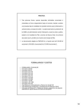 PRACTICA


•   Tres personas físicas, quienes desarrollan actividades comerciales e

    industriales en forma independiente hasta el momento, deciden constituir

    una empresa bajo la modalidad de sociedad anónima para la fabricación y

    venta de tubos y envases de cartón. La sede social será en jurisdicción de

    la CABA y la administración central, fabricación y local de venta a público,

    estarán en la localidad de Pilar, provincia de Buenos Aires; los primeros

    dos sobre ruta 8 y el último en el centro de la Ciudad de Pilar.

•   La denominación elegida es FABTUB S.A., el aporte será de $ 30.000 el

    accionista A, $ 20.000, el accionista B y $ 10.000 el accionista C.




                     FORMULARIOS Y COSTOS

•   FORMULARIO / FOJAVALOR
•   Formulario “A”$ 50
•   Formulario “B”$ 75
•   Formulario “C”$ 100
•   Formulario “D”$ 125
•   Formulario “E”$ 150
•   Formulario “F”$ 175
•   Formulario “G”$ 200
•   Formulario “H”$ 250
•   Formulario “I”$ 300
•   Formulario “J”$ 1.500
•   Formulario “K”$ 150
•   Foja Notarial de Individualización y Rúbrica de Libros$ 100
•   Foja Notarial para rectificación y Transferencias de Rúbricas (*)$ 50
•   Formulario de Rúbrica Nº 1- Pedido de informes y desarchivo (se adquiere
    solamente en caja de sección de rúbrica de libros)$ 50




                                                                                   14
 