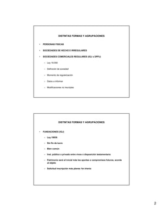 DISTINTAS FORMAS Y AGRUPACIONES


•   PERSONAS FISICAS

•   SOCIEDADES DE HECHO E IRREGULARES

•   SOCIEDADES COMERCIALES REGULARES (IGJ o DPPJ)

    – Ley 19.550

    – Definición de sociedad

    – Momento de regularización

    – Datos a informar

    – Modificaciones no inscriptas




                   DISTINTAS FORMAS Y AGRUPACIONES


•   FUNDACIONES (IGJ)

    – Ley 19836

    – Sin fin de lucro

    – Bien común

    – Inst. público o privado entre vivos o disposición testamentaria

    – Patrimonio será el inicial más los aportes o compromisos futuros, acorde
      al objeto

    – Solicitud inscripción más planes 1er trienio




                                                                                 2
 