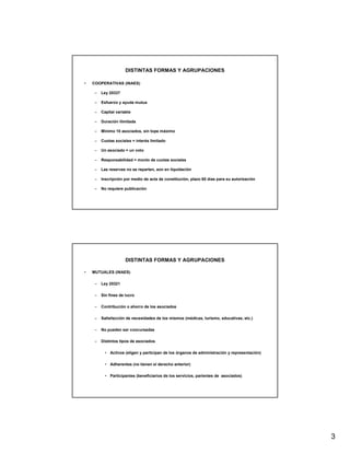 DISTINTAS FORMAS Y AGRUPACIONES

•   COOPERATIVAS (INAES)

     –   Ley 20337

     –   Esfuerzo y ayuda mutua

     –   Capital variable

     –   Duración ilimitada

     –   Mínimo 10 asociados, sin tope máximo

     –   Cuotas sociales = interés limitado

     –   Un asociado = un voto

     –   Responsabilidad = monto de cuotas sociales

     –   Las reservas no se reparten, aún en liquidación

     –   Inscripción por medio de acta de constitución, plazo 60 días para su autorización

     –   No requiere publicación




                      DISTINTAS FORMAS Y AGRUPACIONES

•   MUTUALES (INAES)

     –   Ley 20321

     –   Sin fines de lucro

     –   Contribución o ahorro de los asociados

     –   Satisfacción de necesidades de los mismos (médicas, turismo, educativas, etc.)

     –   No pueden ser concursadas

     –   Distintos tipos de asociados

           • Activos (eligen y participan de los órganos de administración y representación)

           • Adherentes (no tienen el derecho anterior)

           • Participantes (beneficiarios de los servicios, parientes de asociados)




                                                                                               3
 