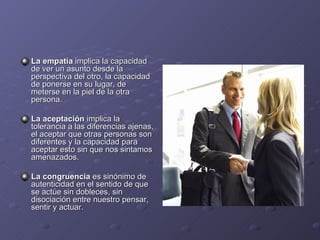 La empatía implica la capacidad
de ver un asunto desde la
perspectiva del otro, la capacidad
de ponerse en su lugar, de
meterse en la piel de la otra
persona.

La aceptación implica la
tolerancia a las diferencias ajenas,
el aceptar que otras personas son
diferentes y la capacidad para
aceptar esto sin que nos sintamos
amenazados.

La congruencia es sinónimo de
autenticidad en el sentido de que
se actúe sin dobleces, sin
disociación entre nuestro pensar,
sentir y actuar.
 