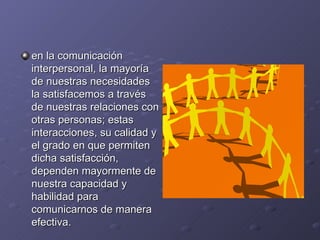 en la comunicación
interpersonal, la mayoría
de nuestras necesidades
la satisfacemos a través
de nuestras relaciones con
otras personas; estas
interacciones, su calidad y
el grado en que permiten
dicha satisfacción,
dependen mayormente de
nuestra capacidad y
habilidad para
comunicarnos de manera
efectiva.
 