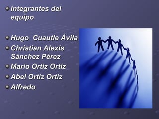 Integrantes del
equipo

Hugo Cuautle Ávila
Christian Alexis
Sánchez Pérez
Mario Ortiz Ortiz
Abel Ortiz Ortiz
Alfredo
 