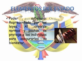  Poder         soberano:
  Representado por las
  leyes.   Al     crearse
  normas y pautas, se
  protege a los individuos
  para asegurarles su
  bienestar.
 