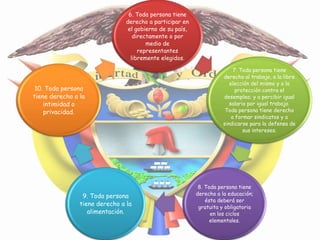 6. Toda persona tiene
                                derecho a participar en
                                 el gobierno de su país,
                                   directamente o por
                                        medio de
                                     representantes
                                  libremente elegidos.

                                                                          7. Toda persona tiene
                                                                     derecho al trabajo, a la libre
                                                                        elección del mismo y a la
 10. Toda persona                                                          protección contra el
tiene derecho a la                                                   desempleo; y a percibir igual
    intimidad o                                                         salario por igual trabajo.
    privacidad.                                                       Toda persona tiene derecho
                                                                         a formar sindicatos y a
                                                                     sindicarse para la defensa de
                                                                              sus intereses.




                                                            8. Toda persona tiene
                 9. Toda persona                           derecho a la educación;
                                                               ésta deberá ser
                tiene derecho a la                          gratuita y obligatoria
                   alimentación.                                 en los ciclos
                                                                 elementales.
 
