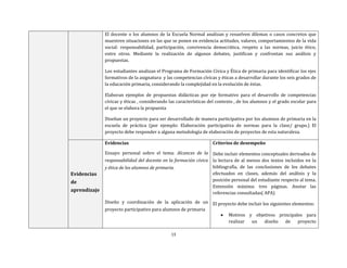 13
El docente o los alumnos de la Escuela Normal analizan y resuelven dilemas o casos concretos que
muestren situaciones en las que se ponen en evidencia actitudes, valores, comportamientos de la vida
social: responsabilidad, participación, convivencia democrática, respeto a las normas, juicio ético,
entre otros. Mediante la realización de algunos debates, justifican y confrontan sus análisis y
propuestas.
Los estudiantes analizan el Programa de Formación Cívica y Ética de primaria para identificar los ejes
formativos de la asignatura y las competencias cívicas y éticas a desarrollar durante los seis grados de
la educación primaria, considerando la complejidad en la evolución de éstas.
Elaboran ejemplos de propuestas didácticas por eje formativo para el desarrollo de competencias
cívicas y éticas , considerando las características del contexto , de los alumnos y el grado escolar para
el que se elabora la propuesta
Diseñan un proyecto para ser desarrollado de manera participativa por los alumnos de primaria en la
escuela de práctica (por ejemplo: Elaboración participativa de normas para la clase/ grupo.) El
proyecto debe responder a alguna metodología de elaboración de proyectos de esta naturaleza.
Evidencias
de
aprendizaje
Evidencias
Ensayo personal sobre el tema: Alcances de la
responsabilidad del docente en la formación cívica
y ética de los alumnos de primaria.
Diseño y coordinación de la aplicación de un
proyecto participativo para alumnos de primaria
Criterios de desempeño
Debe incluir elementos conceptuales derivados de
la lectura de al menos dos textos incluidos en la
bibliografía, de las conclusiones de los debates
efectuados en clases, además del análisis y la
posición personal del estudiante respecto al tema.
Extensión máxima: tres páginas. Anotar las
referencias consultadas( APA)
El proyecto debe incluir los siguientes elementos:
 Motivos y objetivos principales para
realizar un diseño de proyecto
 