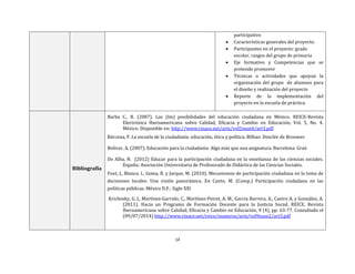 14
participativo
 Características generales del proyecto.
 Participantes en el proyecto: grado
escolar, rasgos del grupo de primaria
 Eje formativo y Competencias que se
pretende promover
 Técnicas o actividades que apoyan la
organización del grupo de alumnos para
el diseño y realización del proyecto
 Reporte de la implementación del
proyecto en la escuela de práctica.
Bibliografía
Barba C., B. (2007). Las (Im) posibilidades del educación ciudadana en México. REICE-Revista
Electrónica Iberoamericana sobre Calidad, Eficacia y Cambio en Educación, Vol. 5, No. 4.
México. Disponible en: http://www.rinace.net/arts/vol5num4/art3.pdf
Bárcena, F. La escuela de la ciudadanía: educación, ética y política. Bilbao: Desclée de Brouwer.
Bolívar, A. (2007). Educación para la ciudadanía: Algo más que una asignatura. Barcelona: Graó
De Alba, N. (2012) Educar para la participación ciudadana en la enseñanza de las ciencias sociales.
España: Asociación Universitaria de Profesorado de Didáctica de las Ciencias Sociales.
Font, J., Blanco, I., Goma, R. y Jarque, M. (2010). Mecanismos de participación ciudadana en la toma de
decisiones locales: Una visión panorámica. En Canto, M. (Comp.) Participación ciudadana en las
políticas públicas. México D.F.: Siglo XXI
Krichesky, G. J., Martínez-Garrido, C., Martínez-Peiret, A. M., García Barrera, A., Castro A. y González, A.
(2011). Hacia un Programa de Formación Docente para la Justicia Social. REICE. Revista
Iberoamericana sobre Calidad, Eficacia y Cambio en Educación, 9 (4), pp. 63-77. Consultado el
(09/07/2014) http://www.rinace.net/reice/numeros/arts/vol9num2/art3.pdf
 